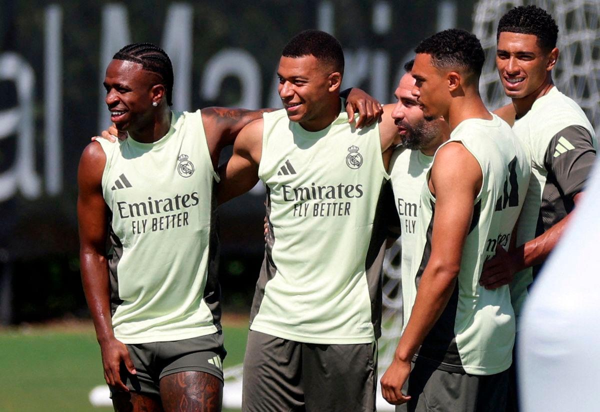 Real Madrid’s Vinicius Junior, Kylian Mbappe, Dani Carvajal, Trent Alexander-Arnold and Jude Bellingham during training REUTERSpix