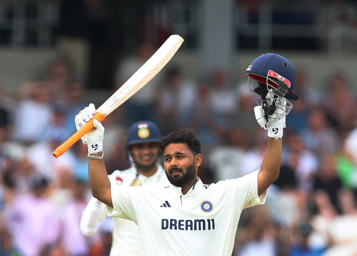 International Test Match Series - First Test - England v India - Headingley Cricket Ground, Leeds, Britain - June 21, 2025 India’s Rishabh Pant celebrates after reaching his century. - Action Images via REUTERS