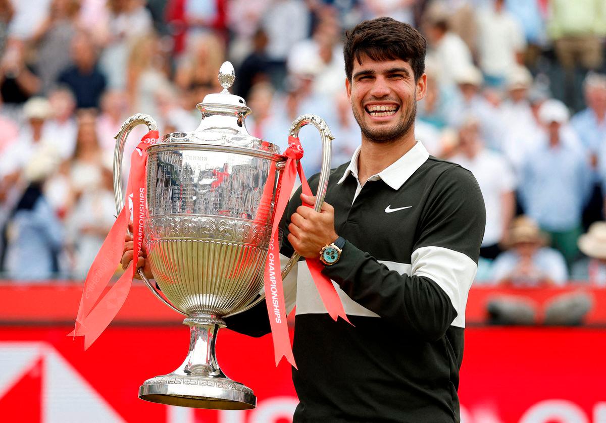 Spain’s Carlos Alcaraz celebrates with the trophy after winning his final against Czech Republic’s Jiri Lehecka Action Images via REUTERS