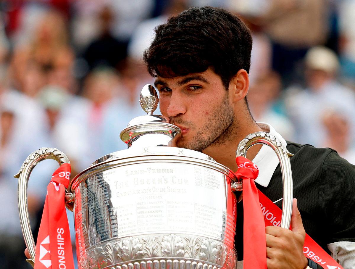 Spain’s Carlos Alcaraz celebrates with the trophy after winning his final against Czech Republic’s Jiri Lehecka Action Images via REUTERS.