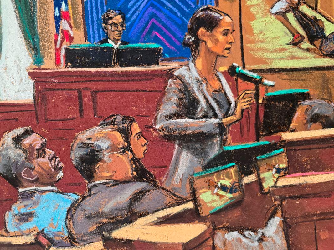 Sean Diddy Combs listens alongside his lawyers Marc Agnifilo and Teny Geragos as Assistant U.S. Attorney Christy Slavik makes her closing arguments as U.S. District Judge Arun Subramanian presides during Combs' sex trafficking trial in New York City, New York, U.S., June 26, 2025 in this courtroom sketch. - REUTERSPIX