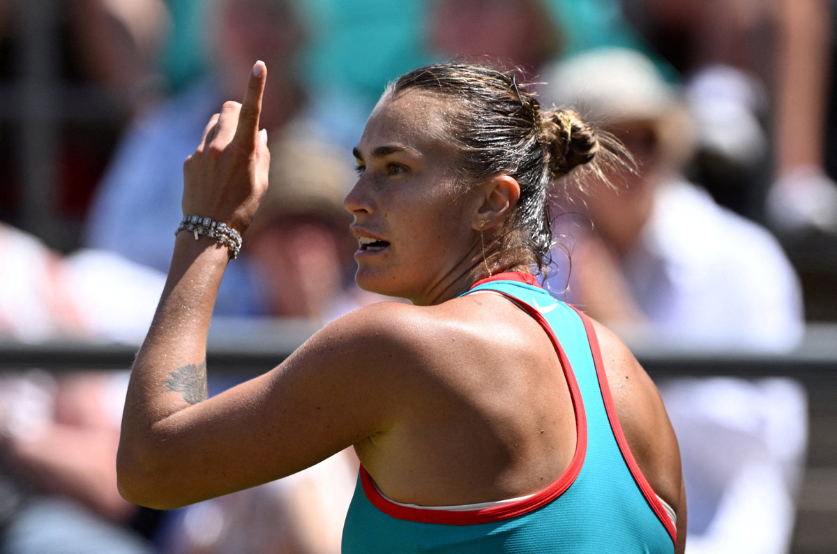 Belarus’ Aryna Sabalenka reacts during her semi-final match against Czech Republic’s Marketa Vondrousova at the Berlin Tennis Open in Steffi Graf Stadium, Berlin, Germany on June 21, 2025. - REUTERS