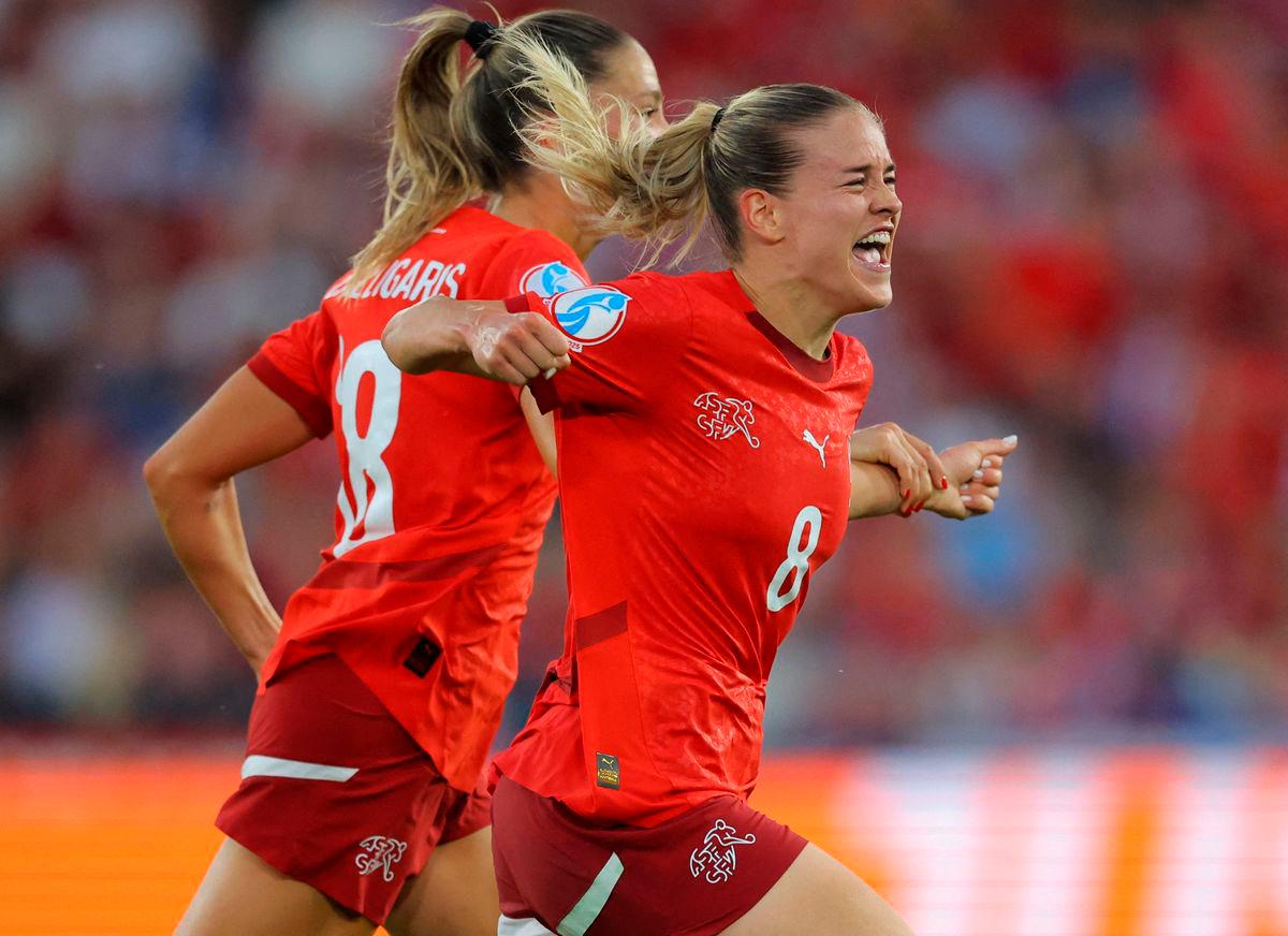 Switzerland’s Nadine Riesen celebrates scoring their first goal REUTERSpix