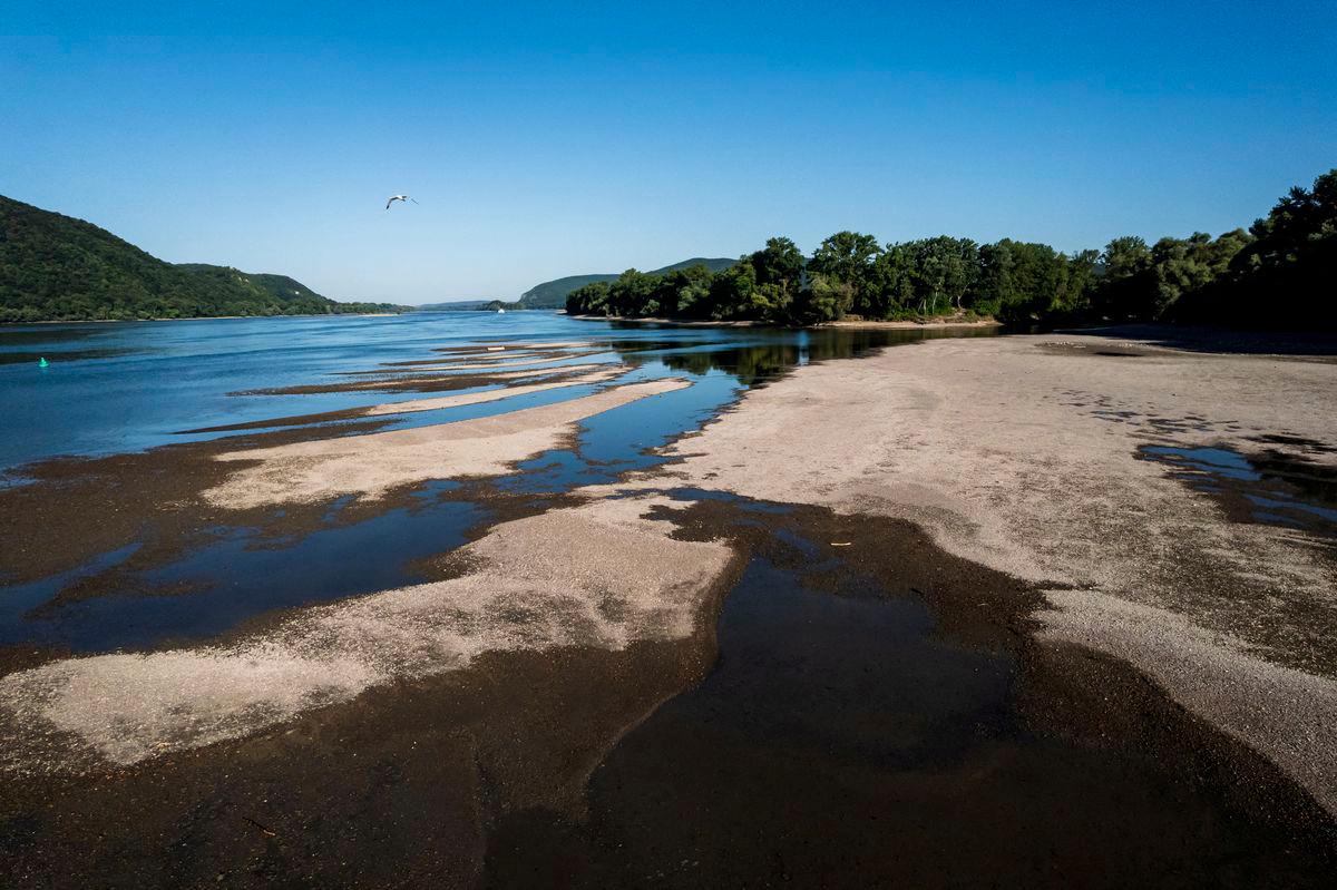 A drone view shows sandbanks emerging from the water due to the low water level of the Danube at its confluence with the Ipoly near Szob, Hungary, July 3, 2025. - REUTERSPIX