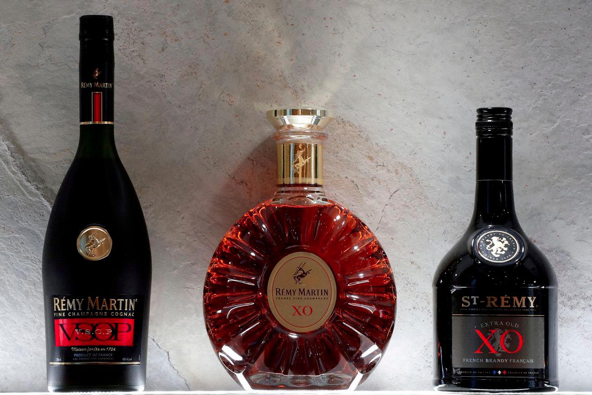 Bottles of Remy Martin VSOP cognac, Remy Martin XO cognac and St-Remy XO Brandy are displayed at the Remy Cointreau SA headquarters in Paris, France, January 21, 2019. - REUTERSPIX