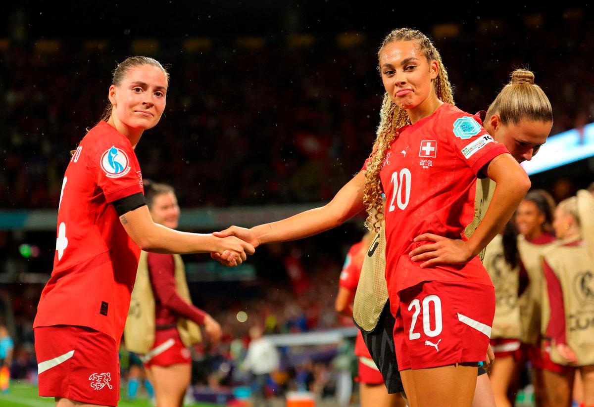 Switzerland’s Alayah Pilgrim celebrates scoring their second goal with Smilla Vallotto REUTERS