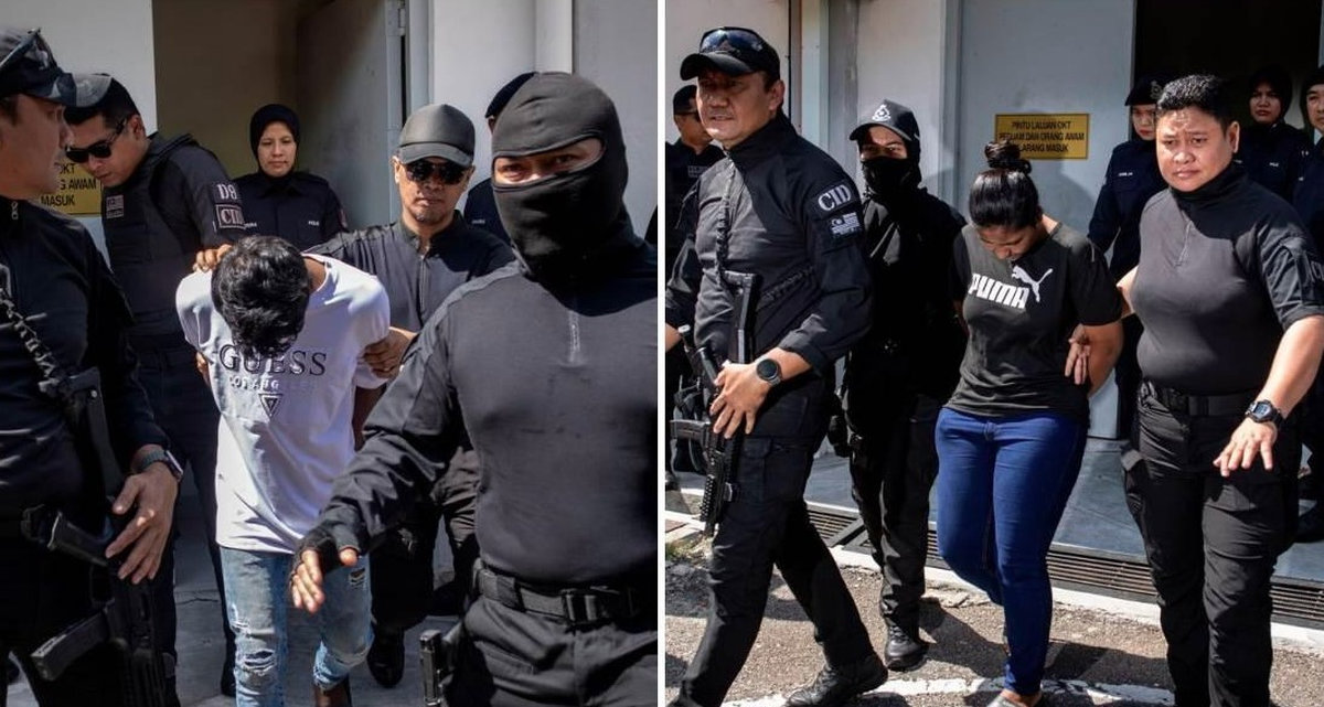 Two individuals, M. Sri Darvien (left) and D. Thineswary, were brought before the Sepang Magistrate’s Court today on charges of abetting and murdering a private university student in Cyberjaya last month. – BERNAMA
