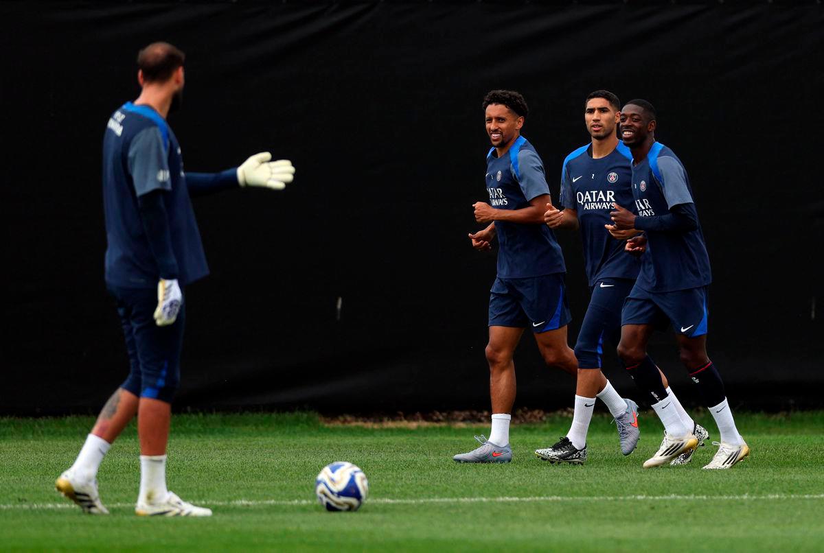 Paris St Germain’s Gianluigi Donnarumma, Marquinhos, Ousmane Dembele and Achraf Hakimi during training REUTERS
