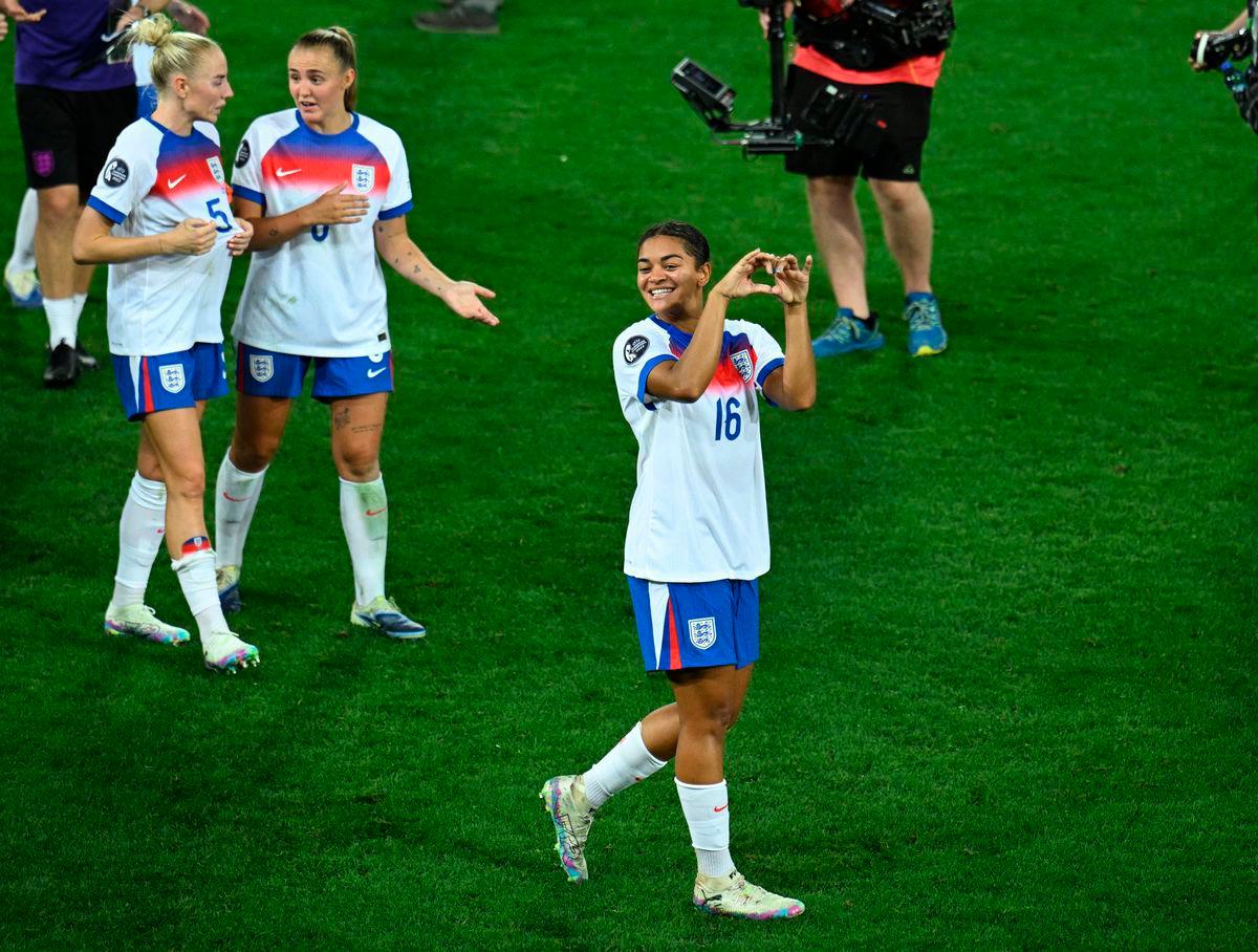 England’s Jessica Carter gestures to their fans after the match REUTERS