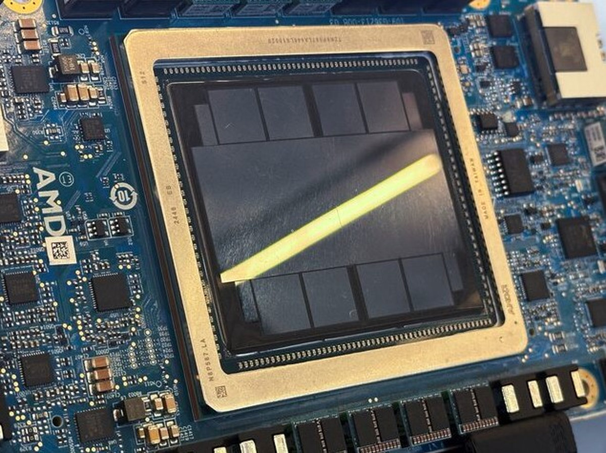 An Advanced Micro Devices (AMD) MI350 series artificial intelligence chip is displayed at the San Jose McEnery Convention Center, in San Jose, California, U.S., June 12, 2025. - REUTERS