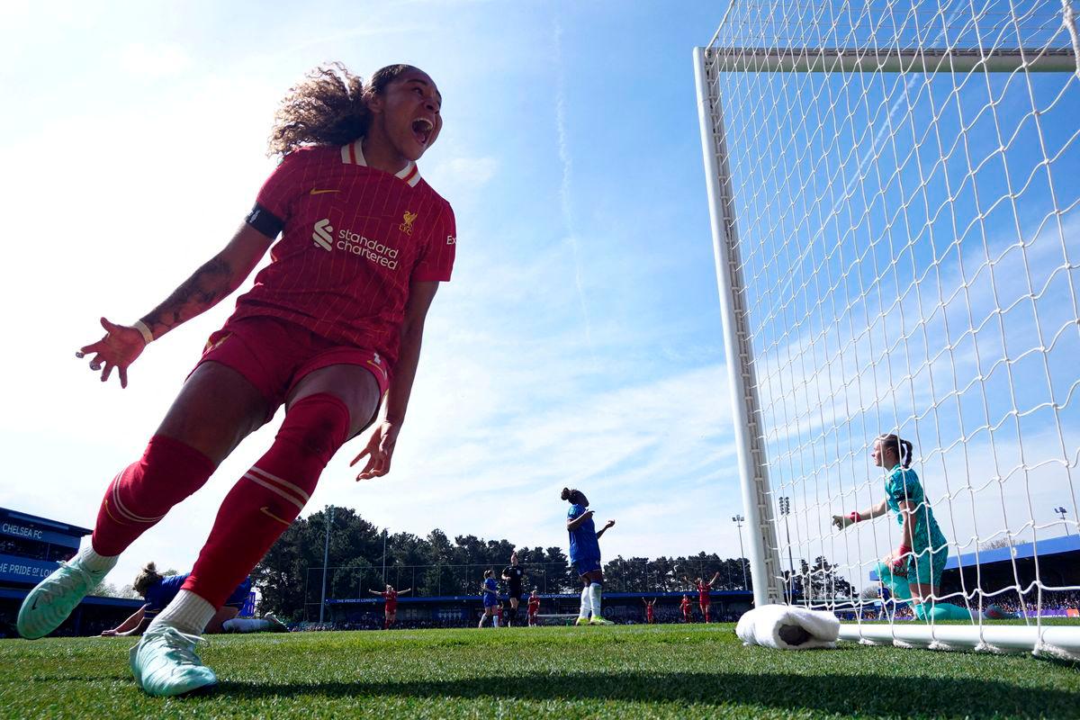 FILE PHOTO: Liverpool’s Olivia Smith celebrates scoring a goal. Kingsmeadow, London, Britain, April 12, 2025. Action Images via Reuters/Matthew Childs/File Photo