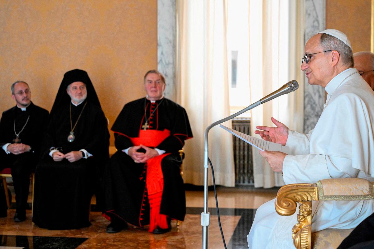 Pope Leo attends a meeting with participants of the Orthodox-Catholic Ecumenical Pilgrimage from the U.S., at the Vatican July 17, 2025. - Simone Risoluti/Vatican Media/­Handout via REUTERS