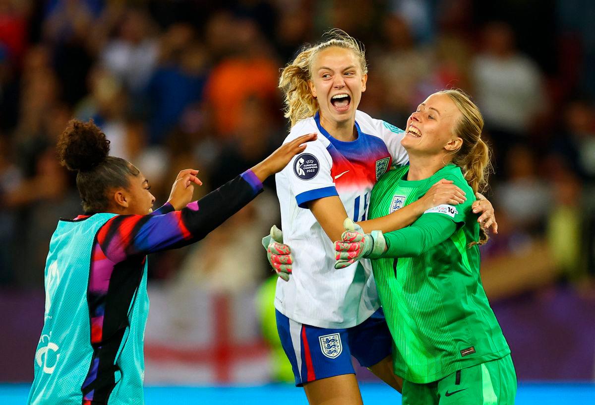 England’s Khiara Keating, England’s Esme Morgan and England’s Hannah Hampton celebrate winning the penalty shootout REUTERS