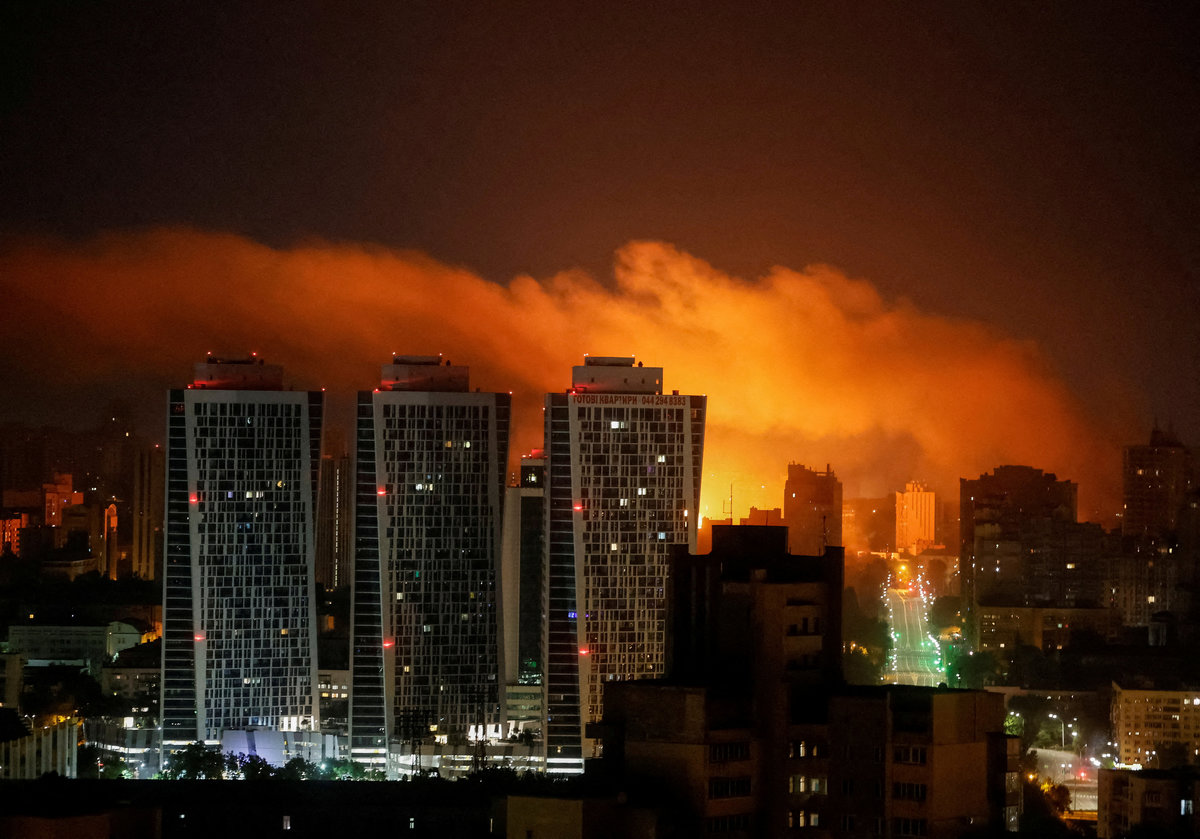 An explosion of a drone lights up the sky over the city during a Russian drone and missile strike, amid Russia's attack on Ukraine, in Kyiv, Ukraine July 10, 2025. - REUTERS