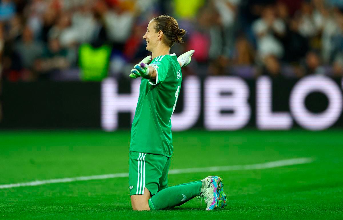 Germany’s Ann-Katrin Berger celebrates after winning the penalty shootout REUTERS
