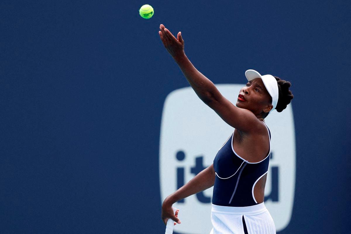 Venus Williams (USA) serves against Diana Shnaider (not pictured) on day two of the Miami Open at Hard Rock Stadium. Photo Credit: Geoff Burke-USA TODAY Sports/File Photo- REUTERS