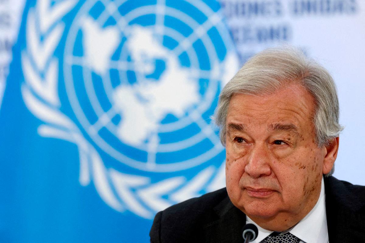 UN Secretary-General Antonio Guterres attends a press briefing during the third United Nations Ocean Conference (UNOC3) at the Centre des Expositions conference centre in Nice, France, June 10, 2025. REUTERS/Manon Cruz/File Photo