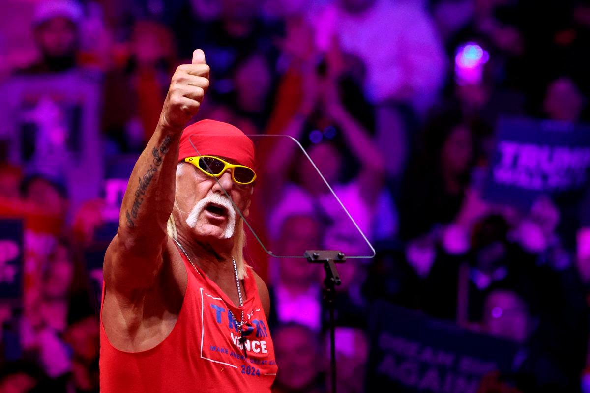 FILE PHOTO: Hulk Hogan, professional entertainer and wrestler, gestures during a rally for Republican presidential nominee and former U.S. President Donald Trump at Madison Square Garden, in New York, U.S., Oct 27, 2024- REUTERS