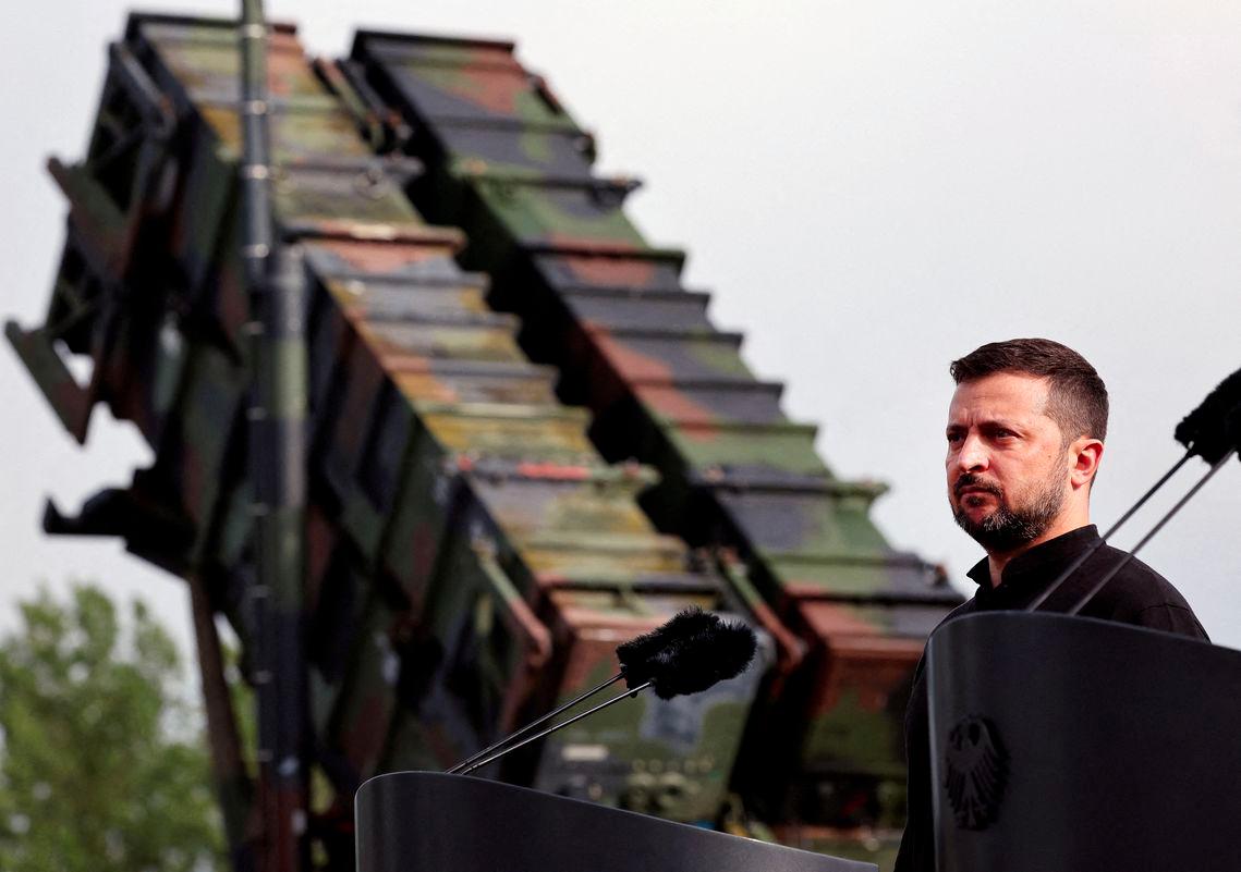 Ukrainian President Volodymyr Zelenskiy looks on during a visit to a military training area to find out about the training of Ukrainian soldiers on the Patriot missile system, at an undisclosed location in Germany, June 11, 2024. - REUTERSPIX