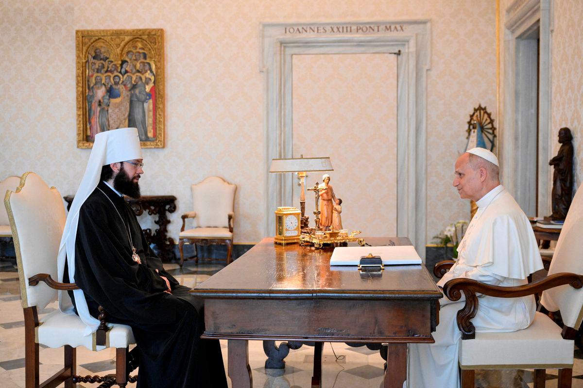 Pope Leo interacts with Metropolitan Antonij of Volokolamsk, at the Vatican July 26, 2025. - Simone Risoluti/Vatican Media/Handout via REUTERSPIX
