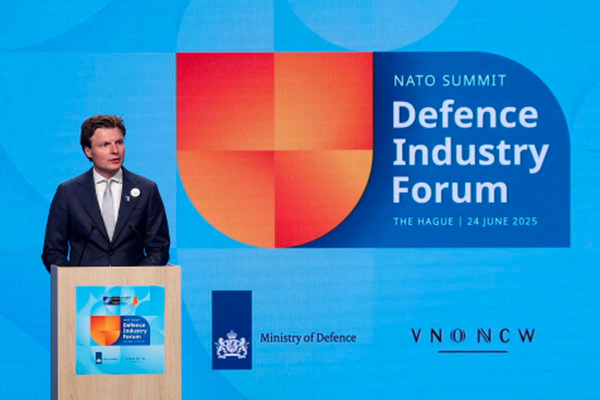 Dutch Defence Minister Ruben Brekelmans addresses a NATO Defence Industry Forum, on the sidelines of a NATO summit, in The Hague, Netherlands June 24, 2025. - REUTERSPIX