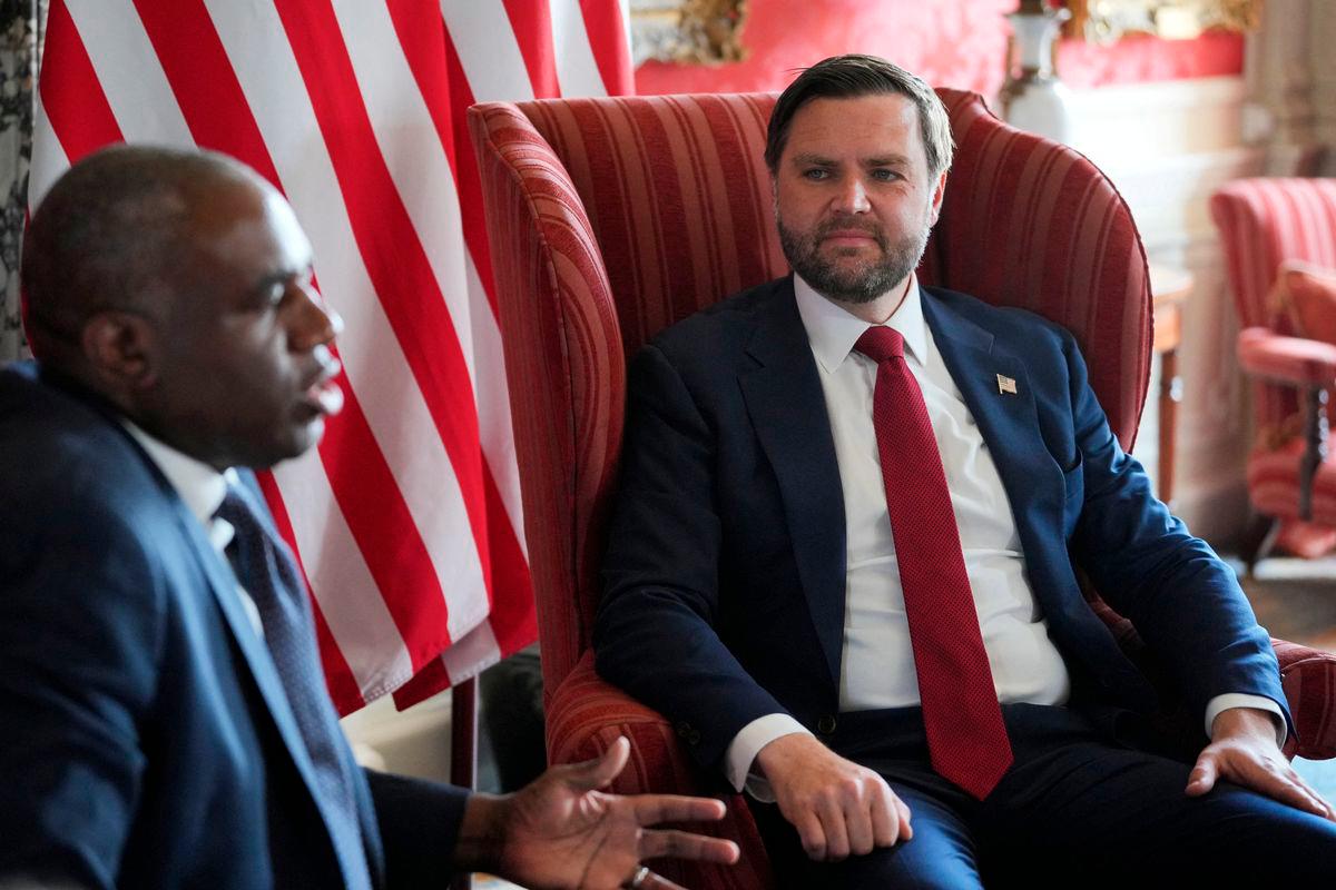 U.S. Vice President JD Vance looks on as Britain’s Foreign Secretary David Lammy speaks during a meeting at Chevening House in Sevenoaks, Kent, Britain August 8, 2025. Kin Cheung/Pool via REUTERS