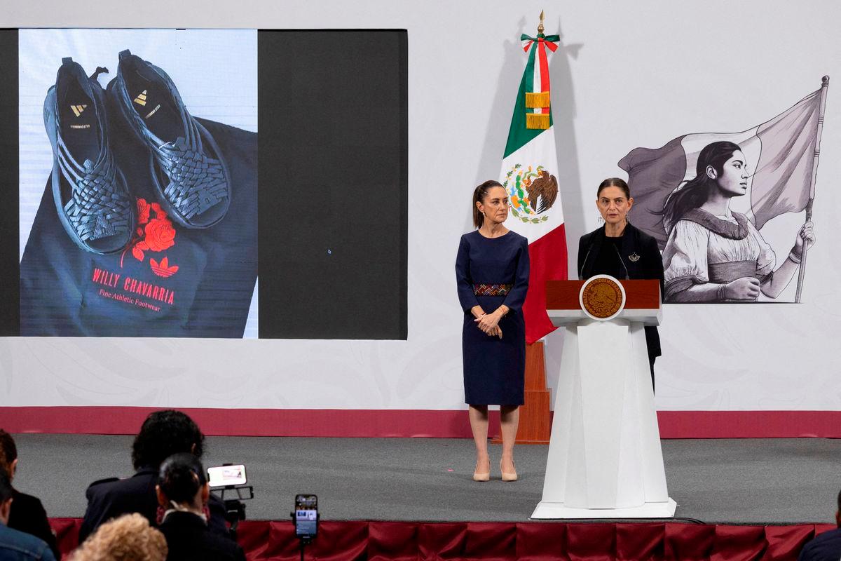 Marina Nunez Bespalova, Mexico’s Undersecretary of Cultural Development, speaks during President Claudia Sheinbaum’s morning press conference at the National Palace to condemn Adidas and U.S. designer Willy Chavarria over the “Oaxaca Slip On” shoe, accused of misappropriating a sandal design rooted in Zapotec Indigenous heritage, in Mexico City, Mexico. Reuterspix