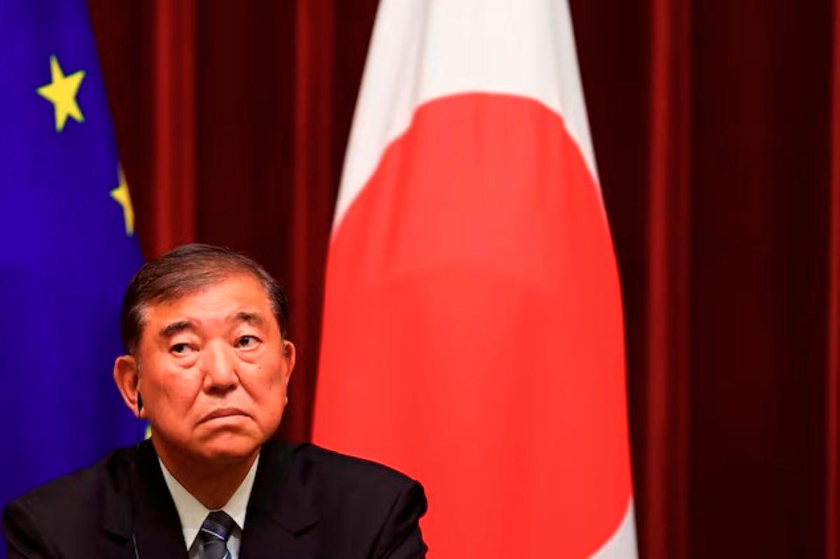 Japanese Prime Minister Ishiba Shigeru attends a joint press briefing with European Commission President Ursula von der Leyen (not pictured) and European Council President Antonio Costa (not pictured), after their meeting at Prime Minister Office on July 23, 2025, in Tokyo, Japan. - Pool via REUTERS
