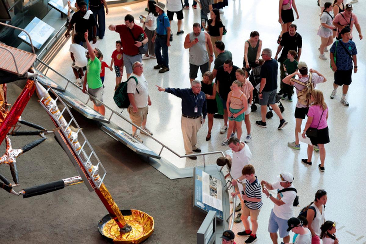 Visitors view a lunar lander as they visit the Smithsonian's National Air and Space Museum during the opening of the museum's reconstructed north entrance and Boeing Milestones of Flight Hall on the National Mall in Washington, U.S. July 28, 2025. - REUTERSPIX