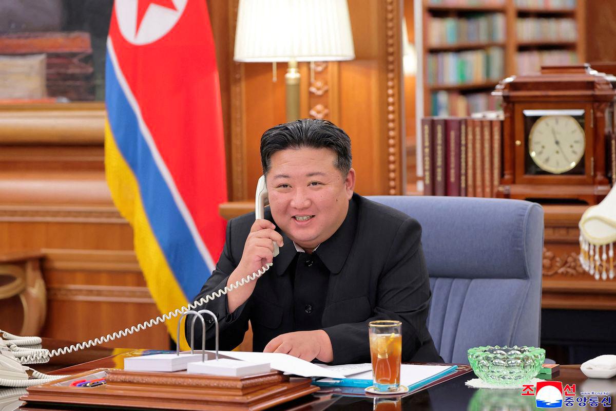 North Korean leader Kim Jong Un holds a call with Russian President Vladimir Putin, in Pyongyang, North Korea, in this picture released by the Korean Central News Agency on August 13, 2025. - KCNA via REUTERSPIX