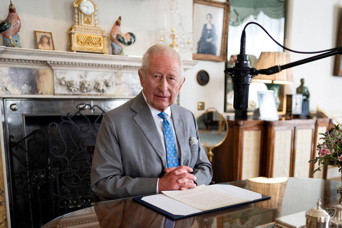 Britain’s King Charles records a VJ Day message in the Morning Room of Clarence House, in London Britain. Aaron Chown/Pool via Reuterspix