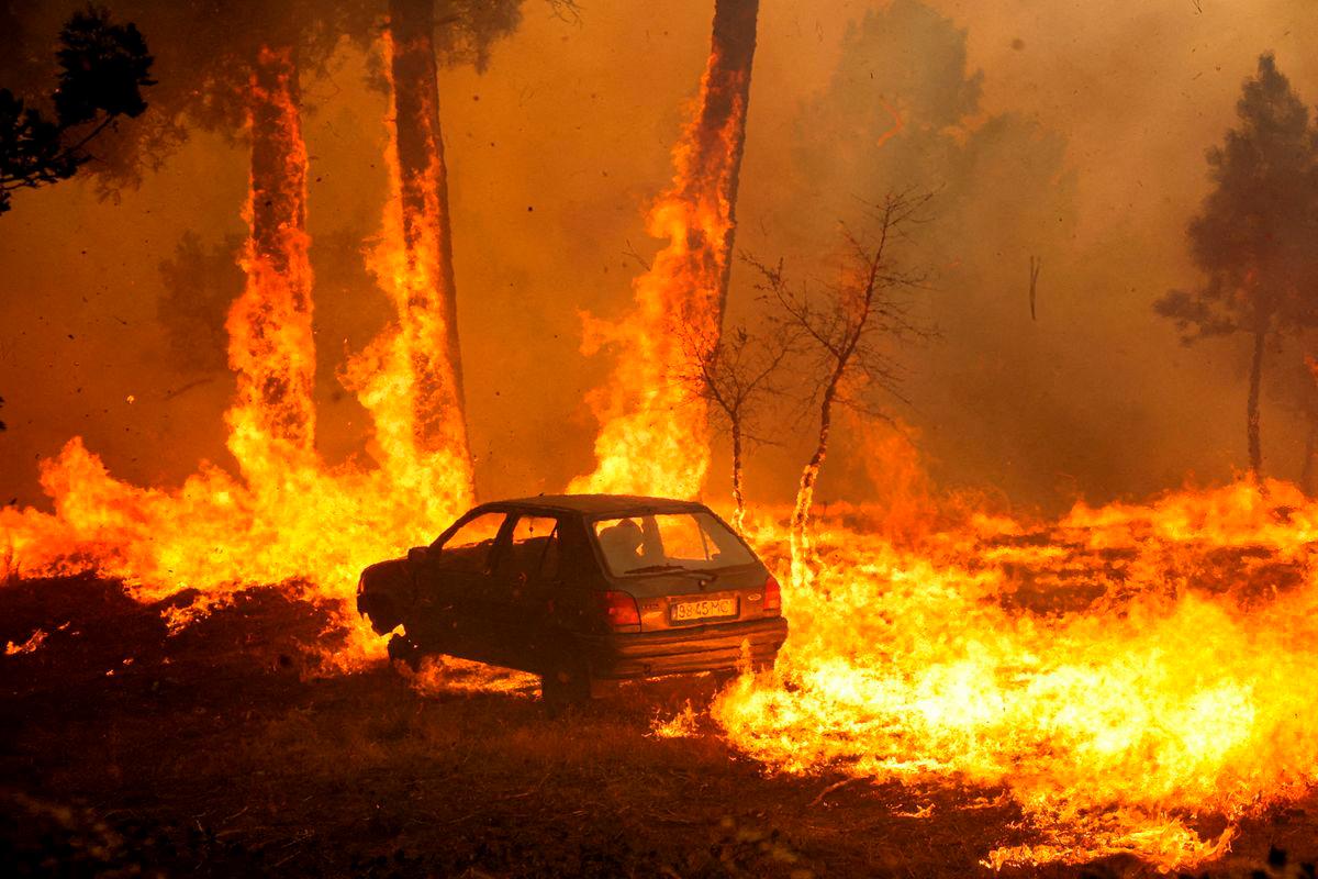 Gambar Hiasan Sahaja: Sebuah kereta terbakar dalam kebakaran hutan, di Meda, Portugal, 15 Ogos 2025. REUTERS/Pedro Nunes TPX IMAGES OF THE DAY