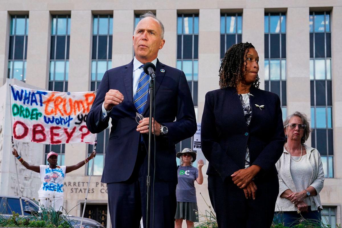 D.C. Attorney General Brian Schwalb, and DC Mayor Muriel Bowser give a statement to the press, following a conclusion of a court session, after U.S. President Donald Trump's announcement of the federal takeover of the Metropolitan Police Department under the Home Rule Act and the deployment of the National Guard to assist in crime prevention in the nation's capital, in Washington, D.C., U.S., August 15, 2025. - REUTERS
