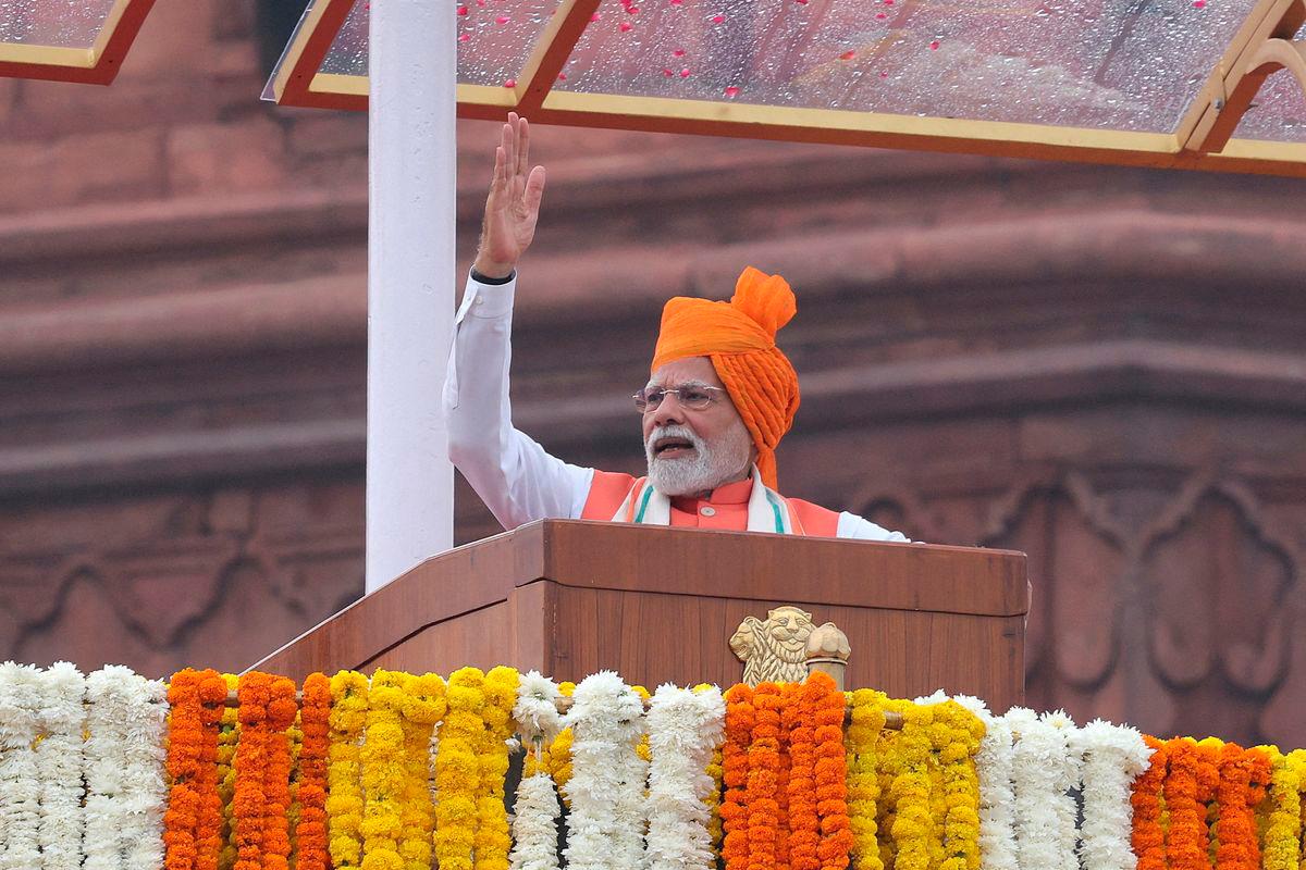 FILE PHOTO: India’s Prime Minister Narendra Modi addresses the nation during Independence Day celebrations at the historic Red Fort in Delhi, India, August 15, 2025. REUTERS/Altaf Hussain/File Photo