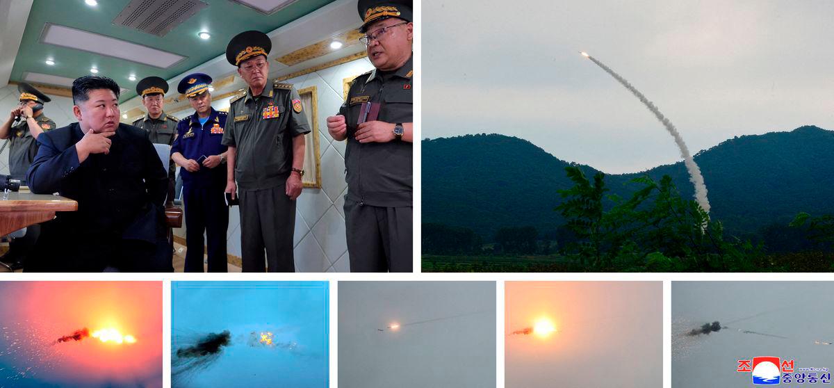 A combination image released by KCNA on August 23 says to show firing tests of anti-aircraft missiles and North Korean leader Kim Jong Un flanked by Korean People's Army officers, at an unknown location. - KCNA via REUTERS