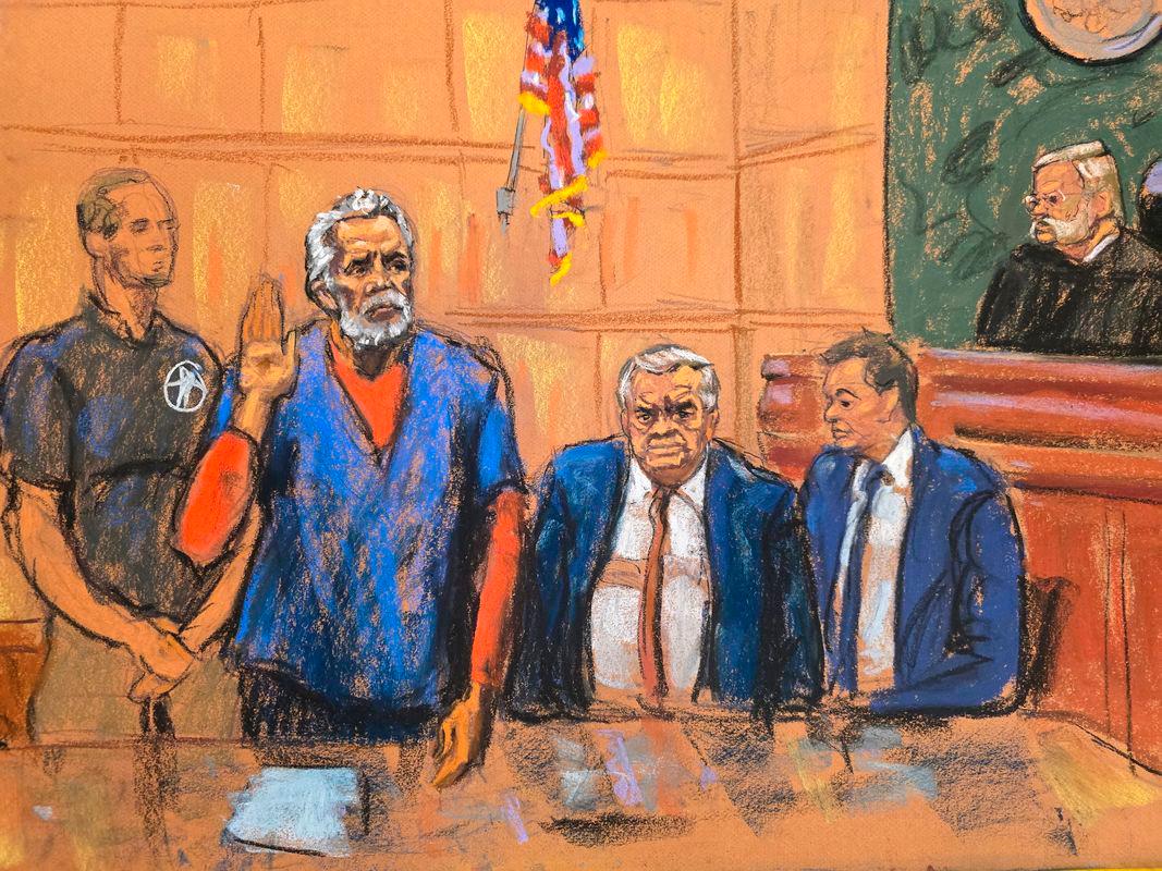 Ismael “El Mayo” Zambada, the alleged Sinaloa cartel co-founder facing U.S. drug trafficking charges, takes the oath next to his lawyers Frank Perez and David Stern before entering a guilty plea as U.S. District Judge Brian Cogan presides at federal court in New York City, New York, U.S., August 25, 2025 in this courtroom sketch. Reuterspix