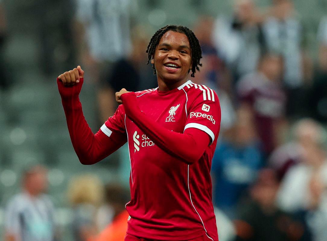 Football - Premier League - Newcastle United v Liverpool - St James' Park, Newcastle, Britain - August 25, 2025Liverpool's Rio Ngumoha celebrates after the match - REUTERSPIX