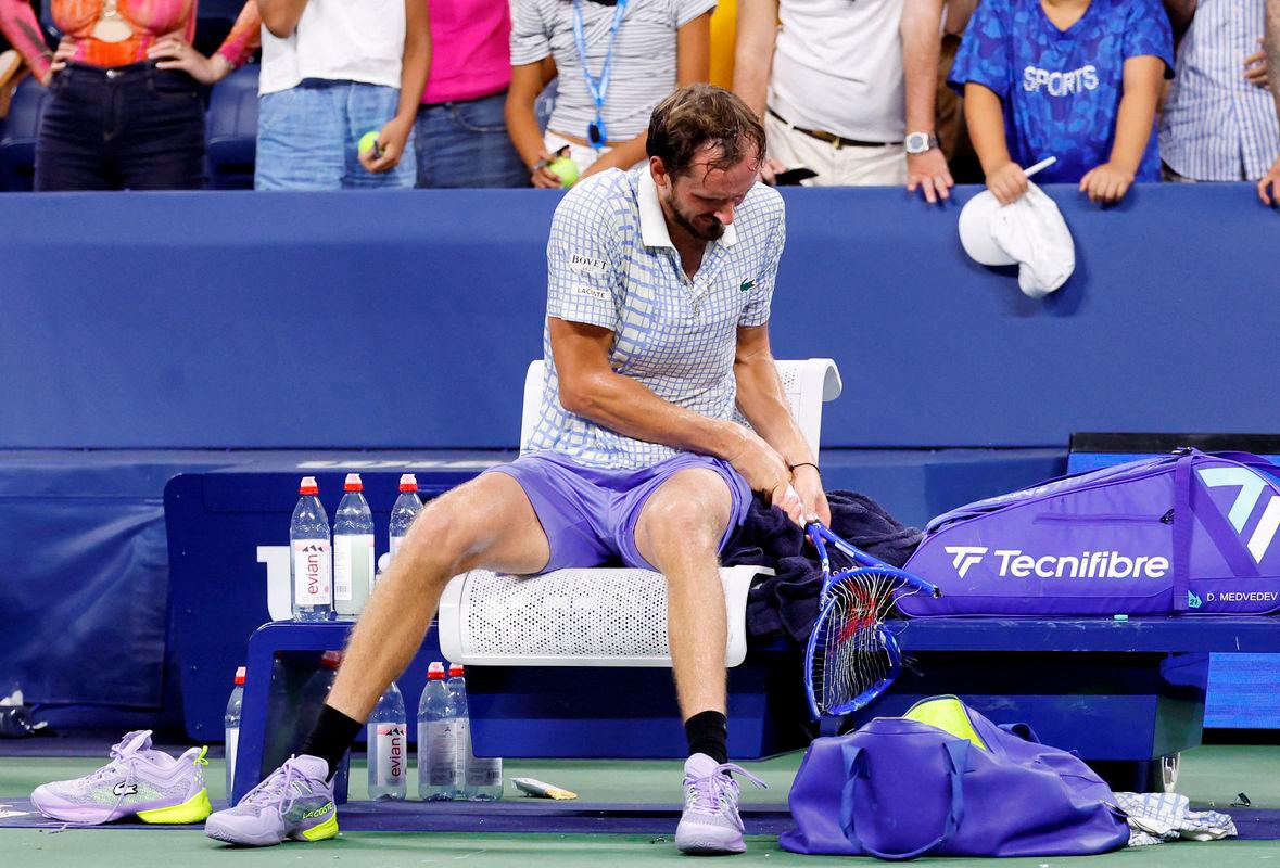 Russia’s Daniil Medvedev breaks his racquet after his first round match against France’s Benjamin Bonzi REUTERSPix