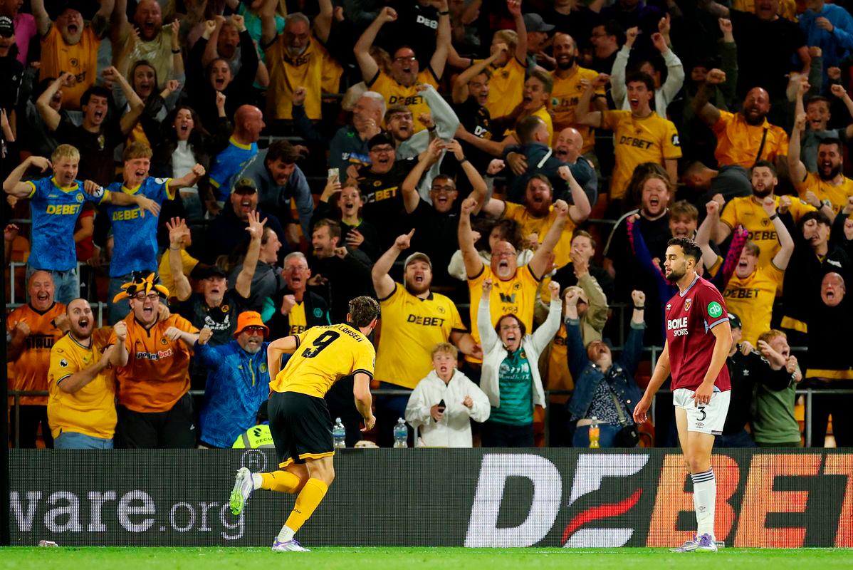 Wolverhampton Wanderers’ Jorgen Strand Larsen celebrates scoring their third goal. Action Images via Reuters/Andrew Boyers