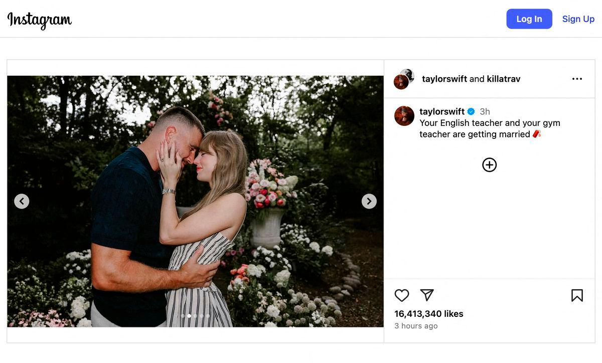 An Instagram post reading “Your English teacher and your gym teacher are getting married,“ along with a photo showing National Football League player Travis Kelce proposing to singer Taylor Swift, in this screenshot taken from a social media post, August 26, 2025. Taylor Swift via Instagram/via REUTERS