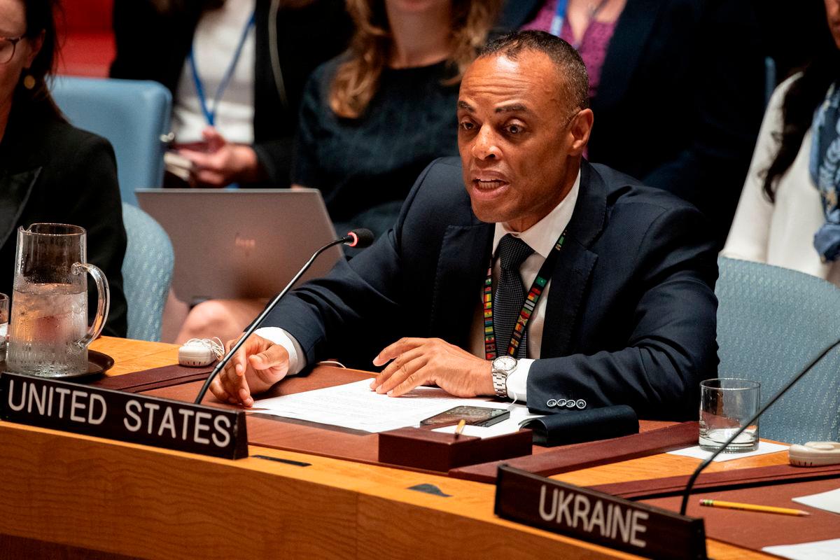 United States Diplomat John Kelley addresses a meeting of the United Nations Security Council on the maintenance of peace and security in Ukraine, at U.N. Headquarters in New York City, U.S., August 29, 2025. REUTERS/Angelina Katsanis