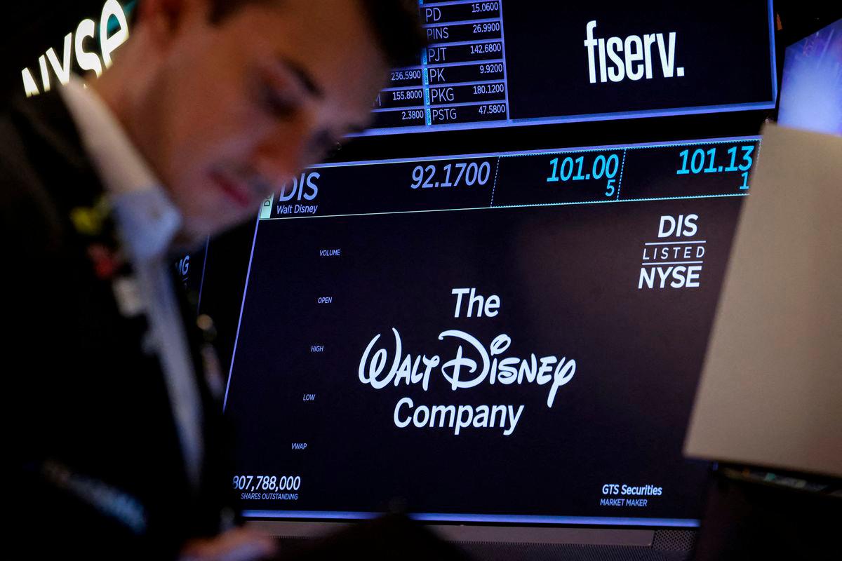 A screen shows the trading information and company logo for The Walt Disney company on the floor at the New York Stock Exchange (NYSE). Reuterspix