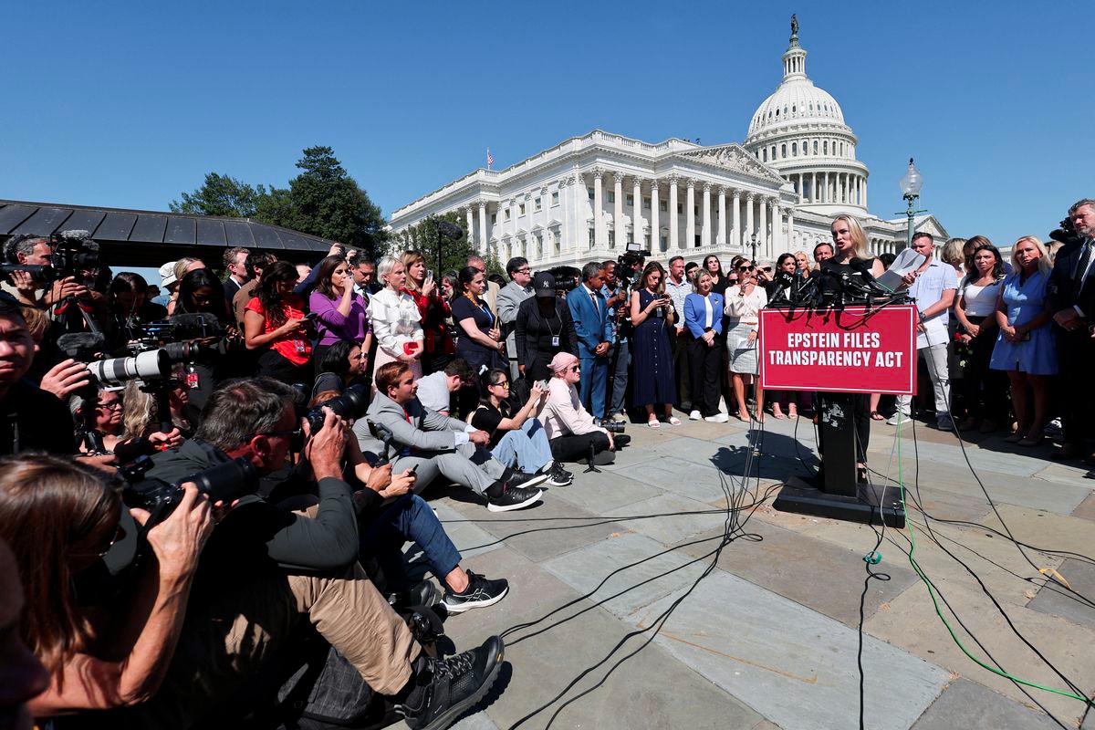Anouska De Georgiou speaks during a press conference to discuss the Epstein Files Transparency bill, directing the release of the remaining files related to the investigations into Jeffrey Epstein and Ghislaine Maxwell, on Capitol Hill in Washington, D.C., U.S., September 3, 2025. - REUTERSPIX