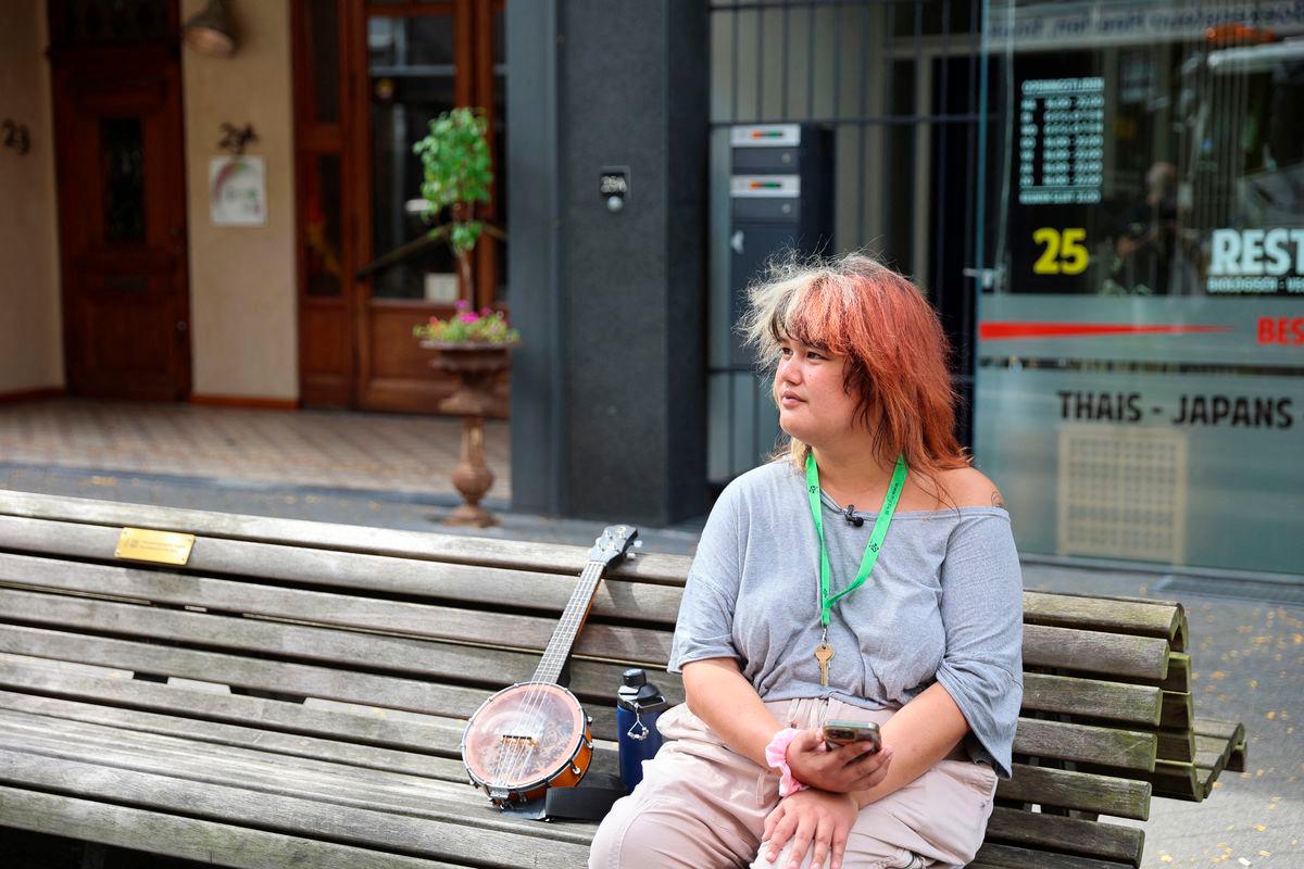 Veronica Clifford Carlos, a U.S. trans woman seeking asylum in the Netherlands, sits on a bench in Heerlen, Netherlands September 2, 2025. REUTERS/Charlotte Van Campenhout