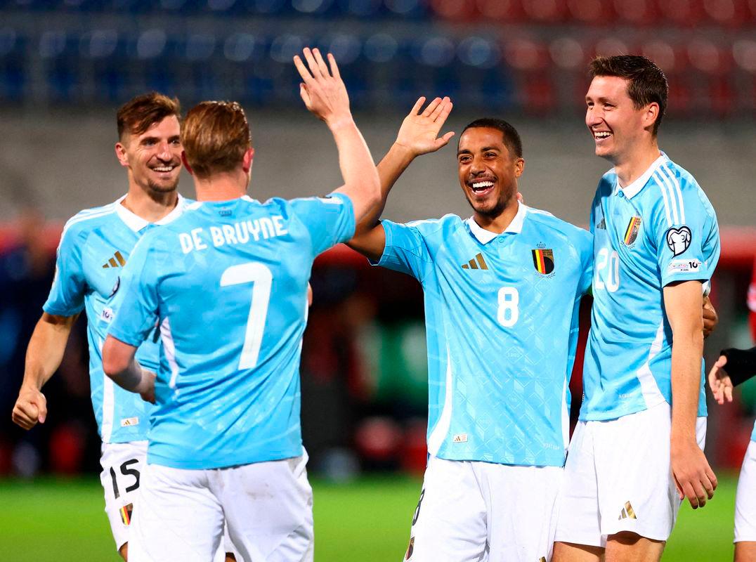 Belgium’s Youri Tielemans celebrates scoring their second goal with Kevin De Bruyne. REUTERSPix