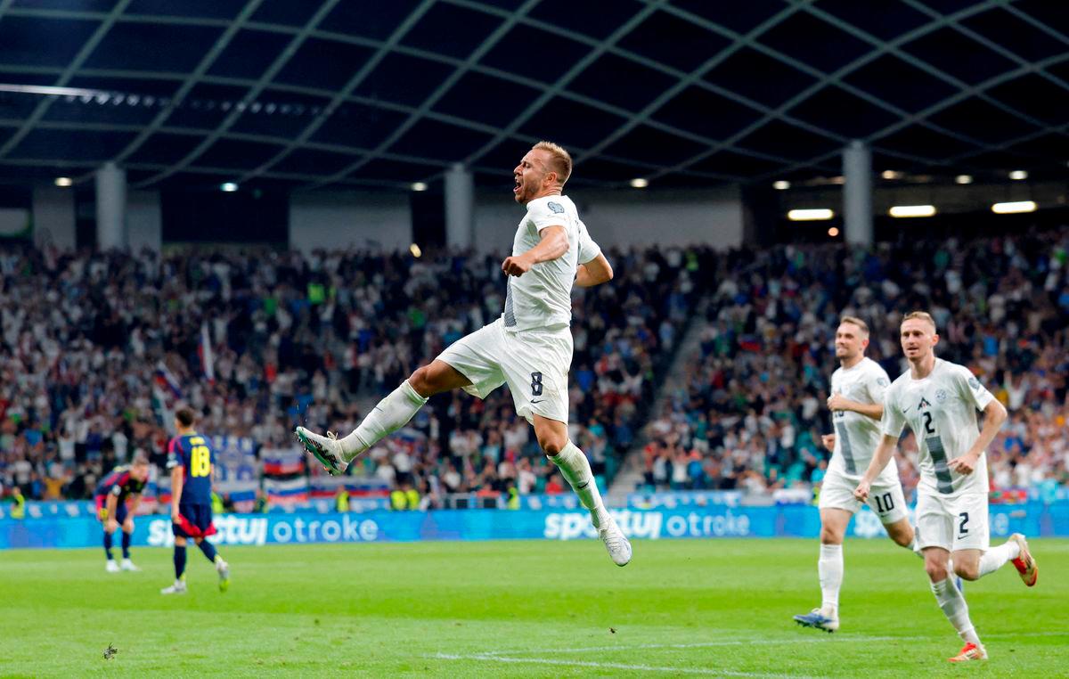 Slovenia’s Sandi Lovric celebrates scoring their first goal with teammates REUTERSPix