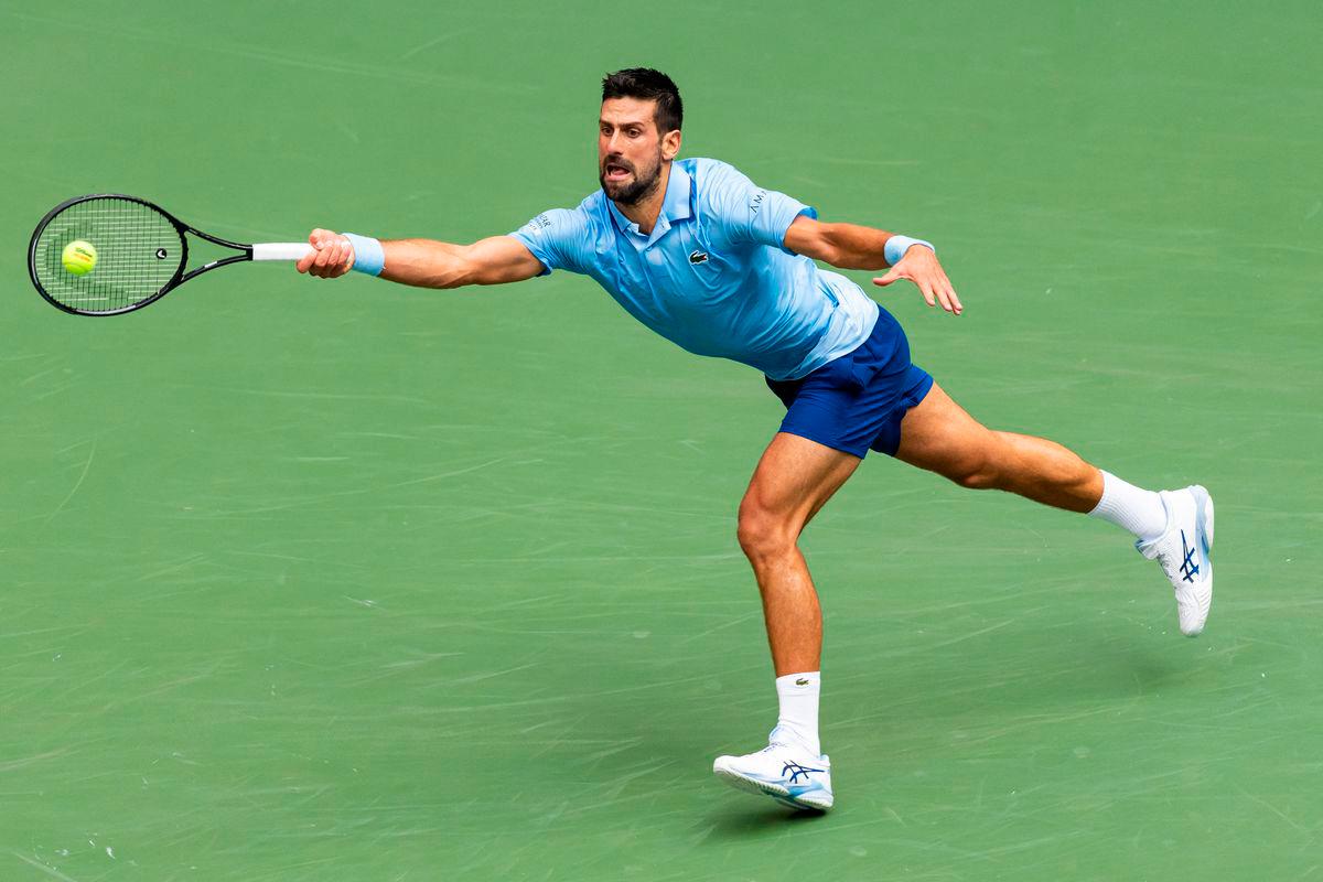 Novak Djokovic of Serbia in action against Carlos Alcaraz of Spain in the semifinal of the men’s singles at the US Open at Arthur Ashe Stadium in Billie Jean King National Tennis Center. Mike Frey-Imagn Images
