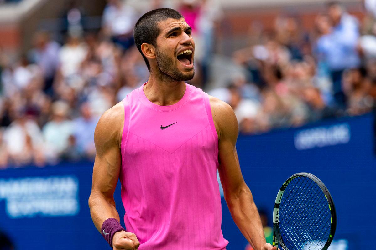 Carlos Alcaraz of Spain celebrates his victory over Novak Djokovic of Serbia in the semifinal of the men’s singles at the US Open at Arthur Ashe Stadium.Mike Frey-Imagn Images