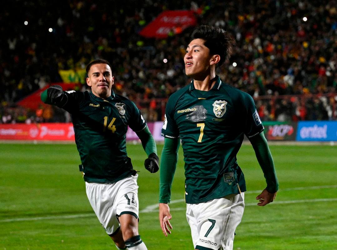 Bolivia’s Miguel Terceros celebrates scoring their first goal with teammates. Reuterspix