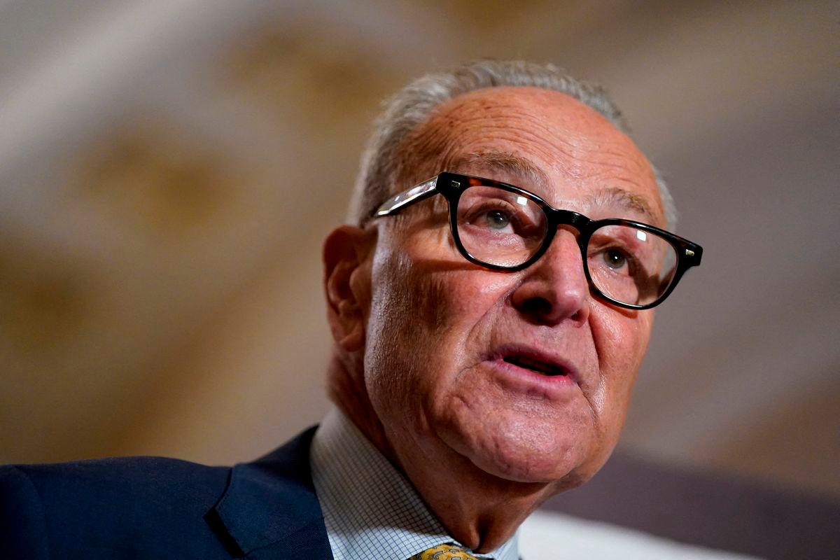 FILE PHOTO: U.S. Senate Minority Leader Chuck Schumer (D-NY) speaks to reporters as Senate Democratic leaders hold a press conference following their weekly policy lunch on Capitol Hill in Washington, D.C., U.S., September 9, 2025. REUTERS/Elizabeth Frantz/File Photo